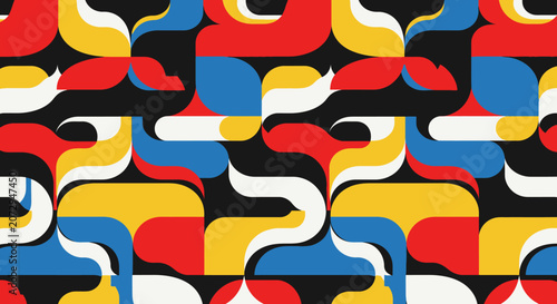 Retro Abstract Pattern: Geometric Shapes in Red, Yellow, Blue & White