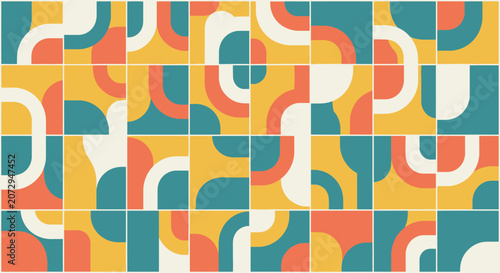 Retro geometric pattern with curves and squares, yellow, orange, teal, white