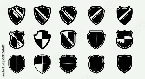 Set of 15 Black Shield Icons, Vector Graphic Design Elements