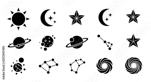 Space Icons: Sun, Moon, Stars, Planets, Constellations, Galaxy