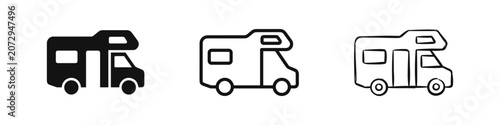 Fotografie Camper van icon set, travel, rv, mobile home, camping transport symbols, solid,