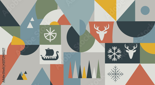 Retro Scandinavian Geometric Pattern with Winter Icons