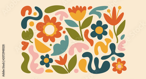 Retro Floral Pattern with Organic Shapes and Muted Colors