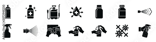 Tableau sur toile Set of black icons representing various disinfection tools and actions such as s