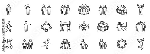 Set of black line icons representing various social interactions and group activities such as people standing, talking, celebrating, meeting, pointing, running on transparent background