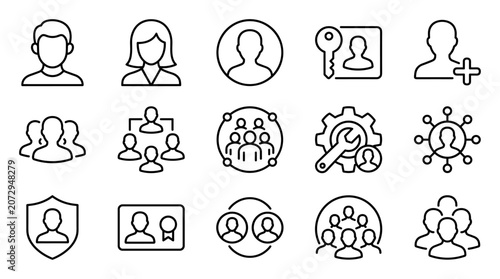 Set of user and group line icons with elements of security, management, and networking on transparent background
