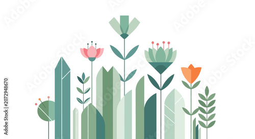 Abstract Geometric Floral Design, Minimalist Flowers on White Background