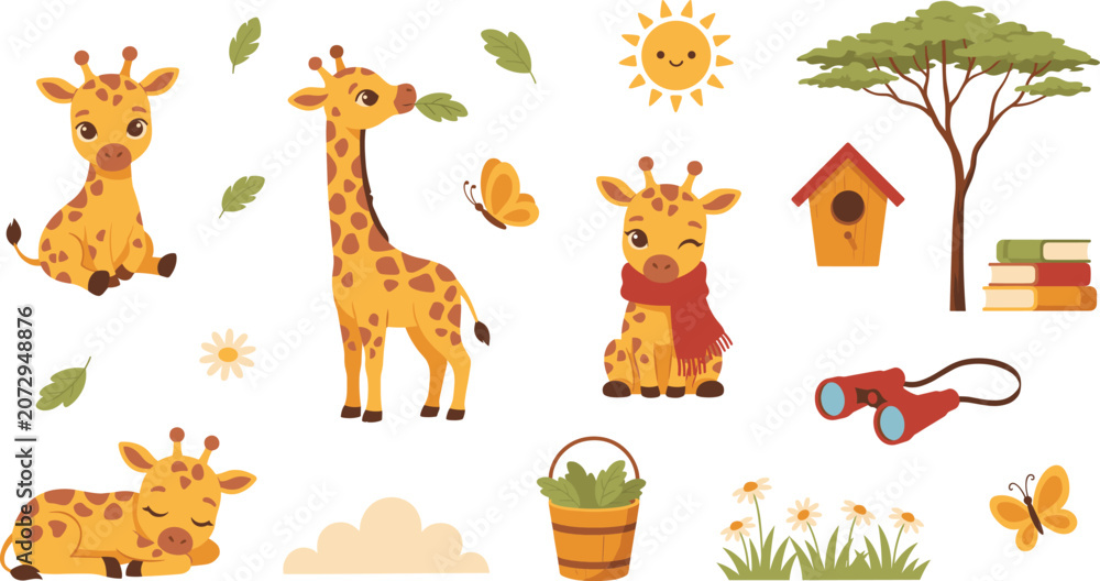 Obraz premium Cute Safari Giraffe Character Set with Little Baby Animals Eating Leaves, Sleeping, Wearing Scarf, and Outdoor Adventure Elements for Kids Designs