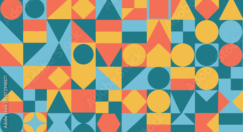 Geometric Pattern Abstract Background - Circles, Squares, Triangles - Teal, Orange, Yellow