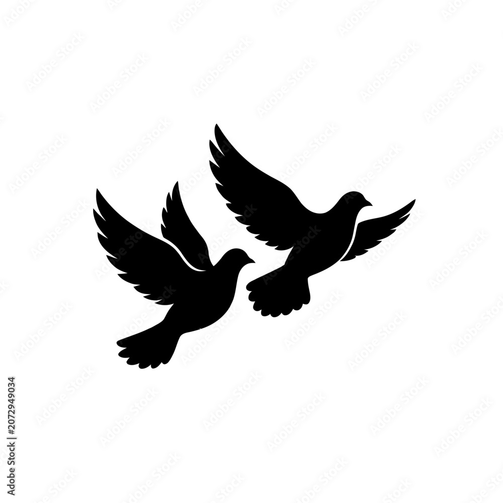 Obraz premium Flying Doves, Black Silhouettes, Bird Icons, Wildlife Symbols isolated on White Background silhouette