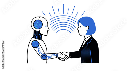 Human businesswoman shaking hands with AI robot, partnership, automation and technology collaboration vector