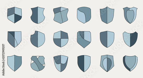 Collection of diverse shield emblems, security and protection icons