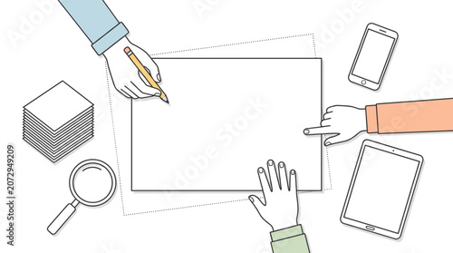 Team hands creating blank document layout with pencil, ruler, tablet, phone and office tools for planning design