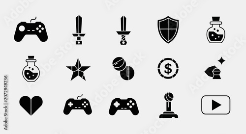 Gaming Icons: Controller, Sword, Shield, Potion, Coins, Heart, Joystick