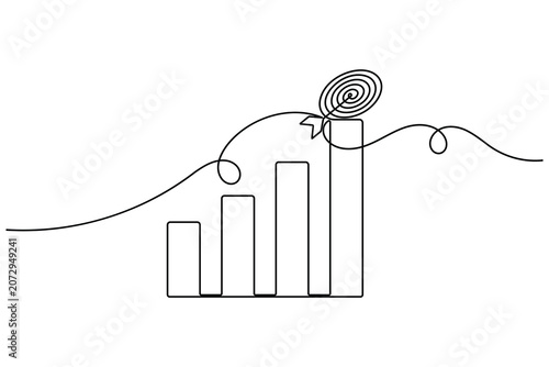Business growth bar chart and target achievement icon sign continuous one line art single drawing on white background minimalist success goal symbol doodle illustration