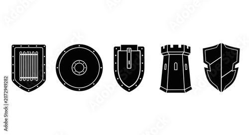 Medieval Shields and Castle Tower Icons Silhouette