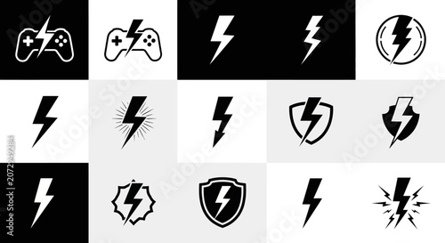 Lightning Bolt Icons: Gaming, Shield, Energy, Power, and Danger Symbols