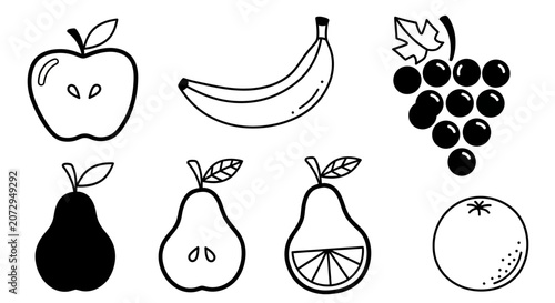 Outline fruit illustrations: apple, banana, grapes, pear, orange