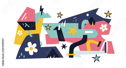 Abstract composition with geometric shapes and stars