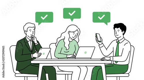 Business team meeting with laptops, tablet, smartphone and green approval check mark speech bubbles vector
