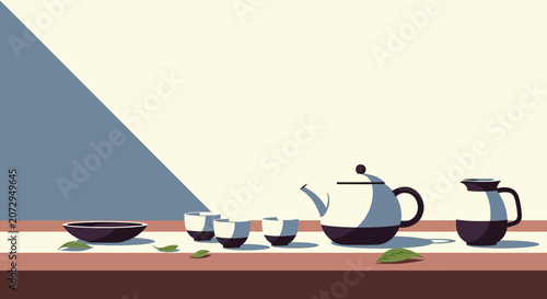 Minimalist Tea Ceremony Still Life with Teapot, Cups, and Leaves