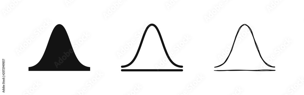 Fototapeta premium Bell curve or distribution mountain icons in flat, outline and sketch styles