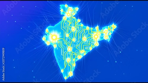 Digital india map with glowing circuit board network technology concept animation