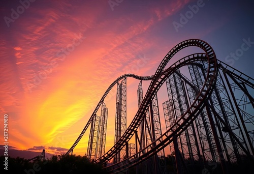 Rollercoaster plunging down steep drop at sunset, holiday, group