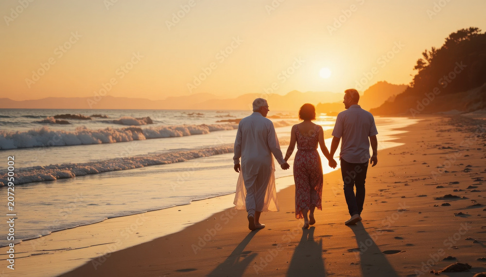 Fototapeta premium Three people walking on beach at sunset holding hands