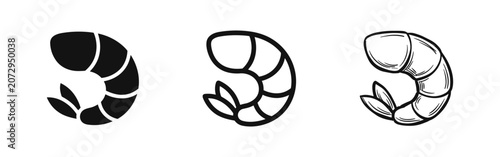 Photos Set of shrimp icons in flat, outline and hand-drawn doodle style
