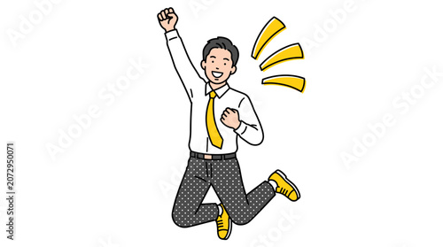 Happy businessman jumping with raised fist celebrating success, achievement, motivation and victory vector illustration