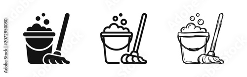 Tableau sur toile Set of mop and bucket icons in flat, outline and hand-drawn doodle style