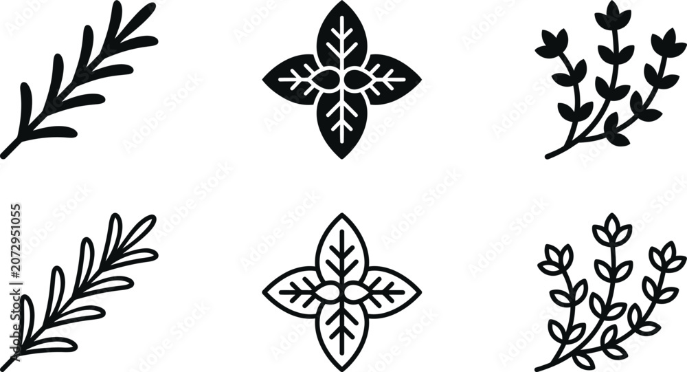 Naklejka premium herbs vector icon collection with leafy sprigs and botanical cross symbols for design