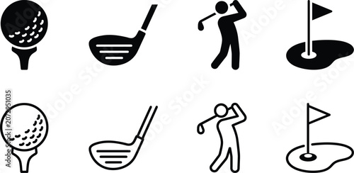 sports icon collection of monochrome golf ball, clubs, swing, and flag vector symbol set