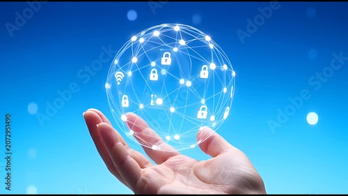 Hand holding digital global network sphere with cybersecurity and data connectivity