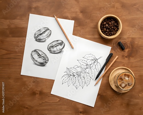 Coffee Beans with Leaf Sketches on Wooden Table and Pencils, Creative Coffee Branding and Organic Design Concept