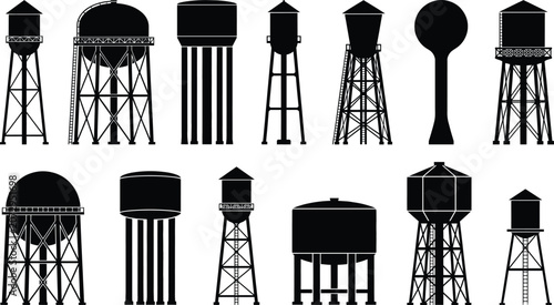 Set of industrial and rural water tower silhouettes isolated on a clean white background