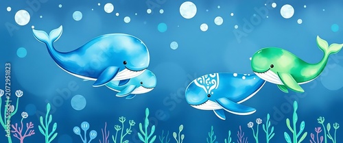 Playful watercolor whales in various blues and greens, swimming in a whimsical underwater scene,  texture, watercolor whales
