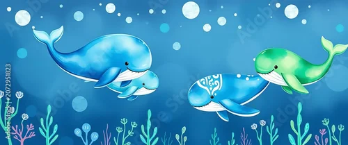 Panel kuchenny z motywem Playful watercolor whales in various blues and greens, swimming in a whimsical underwater scene,  texture, watercolor whales
