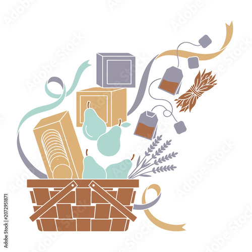 Brown wicker picnic basket overflowing items.
