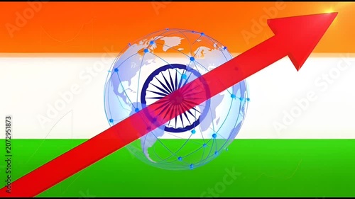 India economic growth concept: rising arrow with global network and national flag background