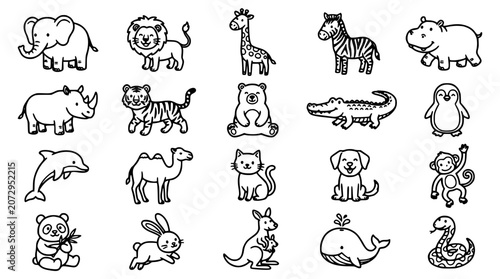 Canvas Print Animals Illustrated in a Simple Black and White Line Art Style Featuring Illustr