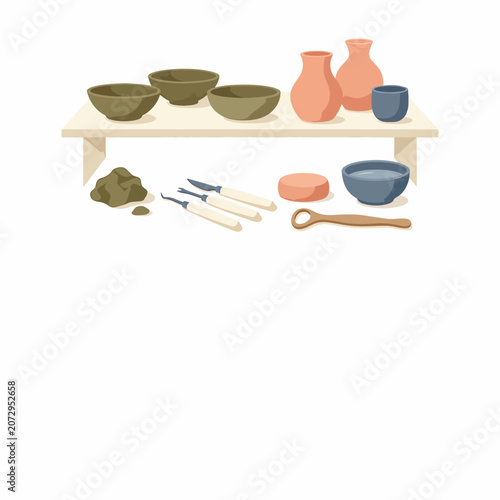 Clay pottery making tools and supplies.