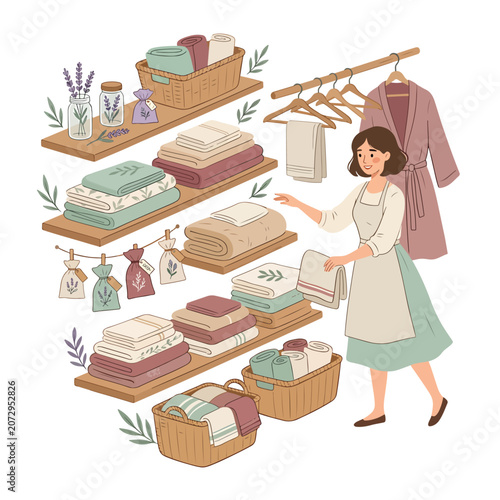 Woman organizing laundry and clothing neatly.