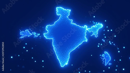 India map digital hologram: glowing particle network technology background