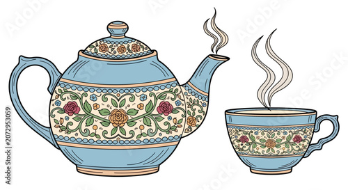 Vintage Floral Teapot and Cup Set Illustration
