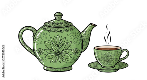 Vintage Green Teapot and Cup Set Illustration