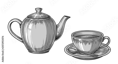 Vintage Hand Drawn Teapot and Cup with Spoon Illustration