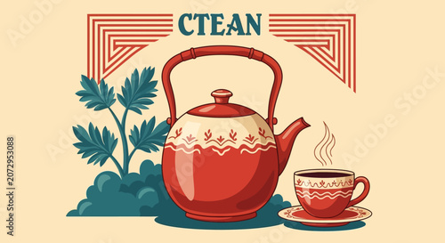 Vintage Illustration of Red Teapot and Cup with Tea Leaves
