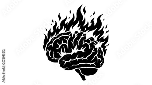Obraz na plátně Burning brain, fiery mind, black silhouette, vector icon, creative symbol silhou